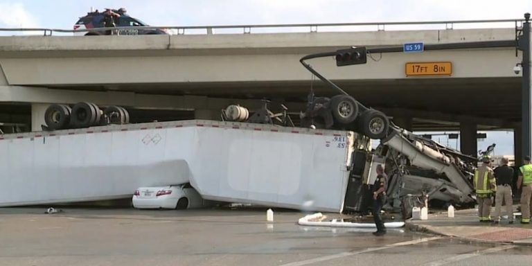 All Drivers OK After 18-Wheeler Flips Off Houston Overpass, Lands On ...